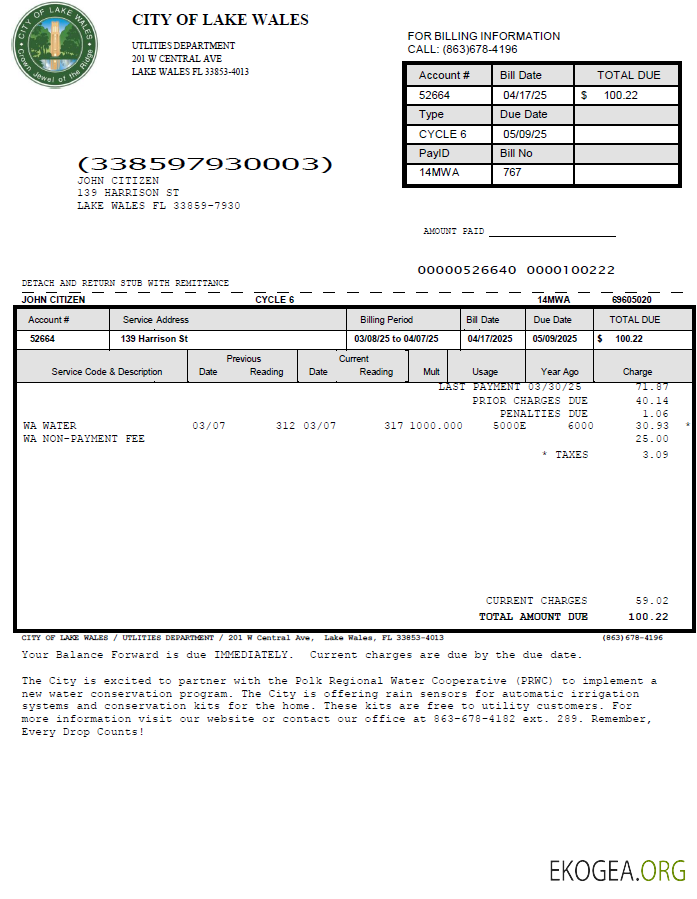 USA City of Lake Wales utility bill template in Word and PDF formats